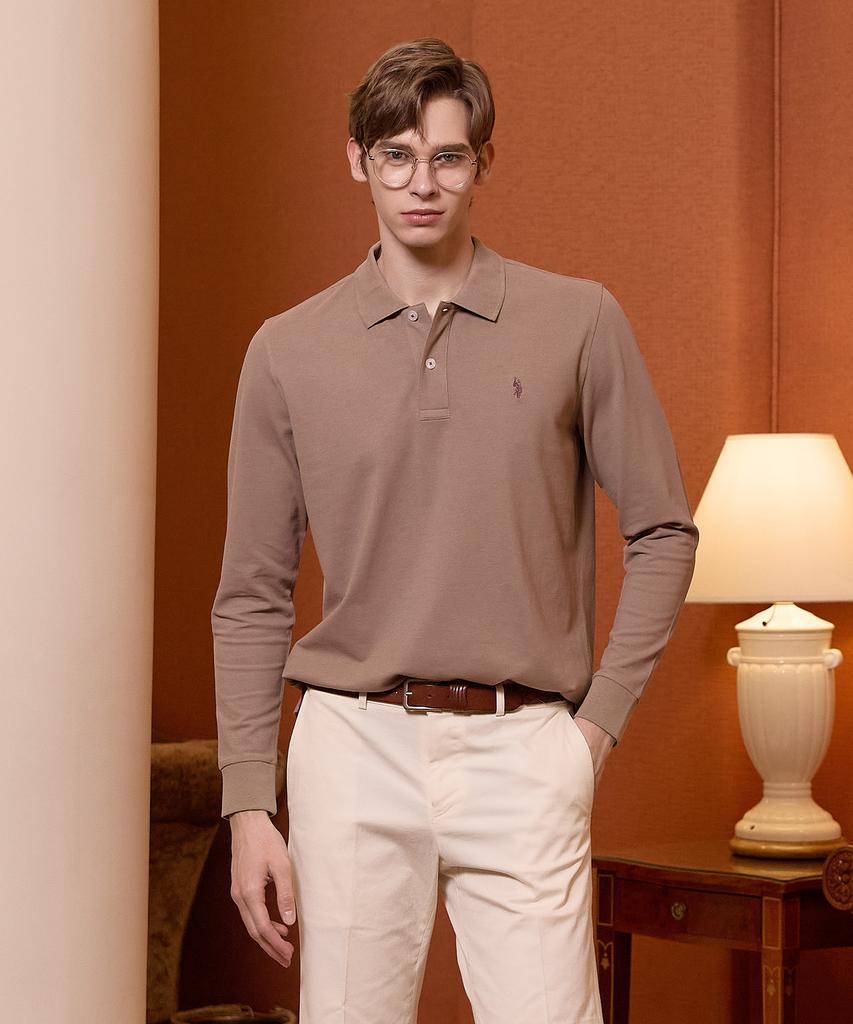 USPOLOASSN Cotton Blend Long Sleeve Collared T-Shirt_Melange Beige