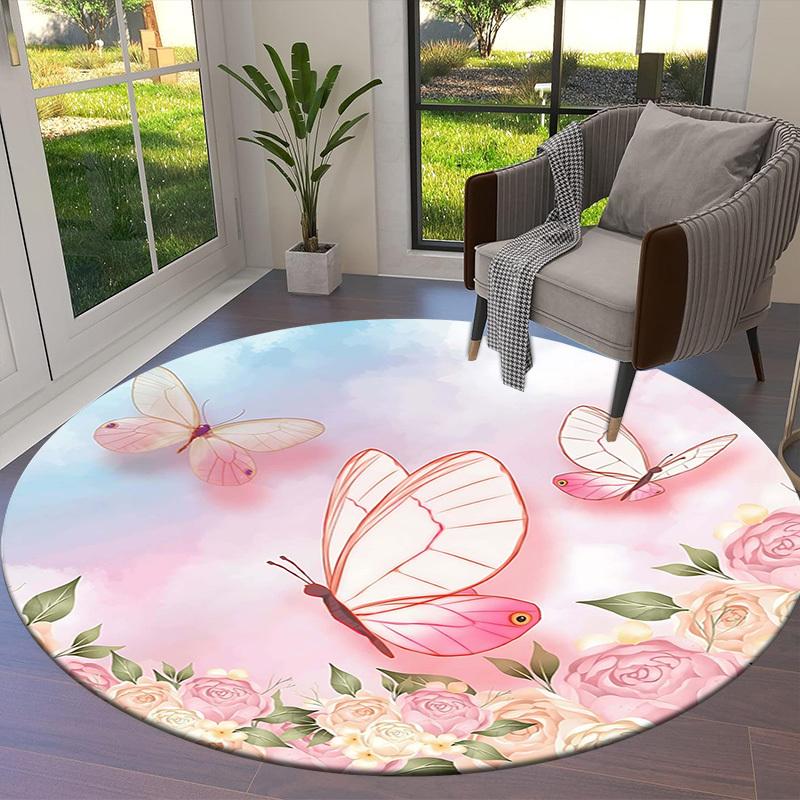 1PC Butterfly Flowers Non-Slip Floor Round carpet, Office, family, bedroom, Large Area Rug Indoor Rugs, Vibrant Colors-Z0457