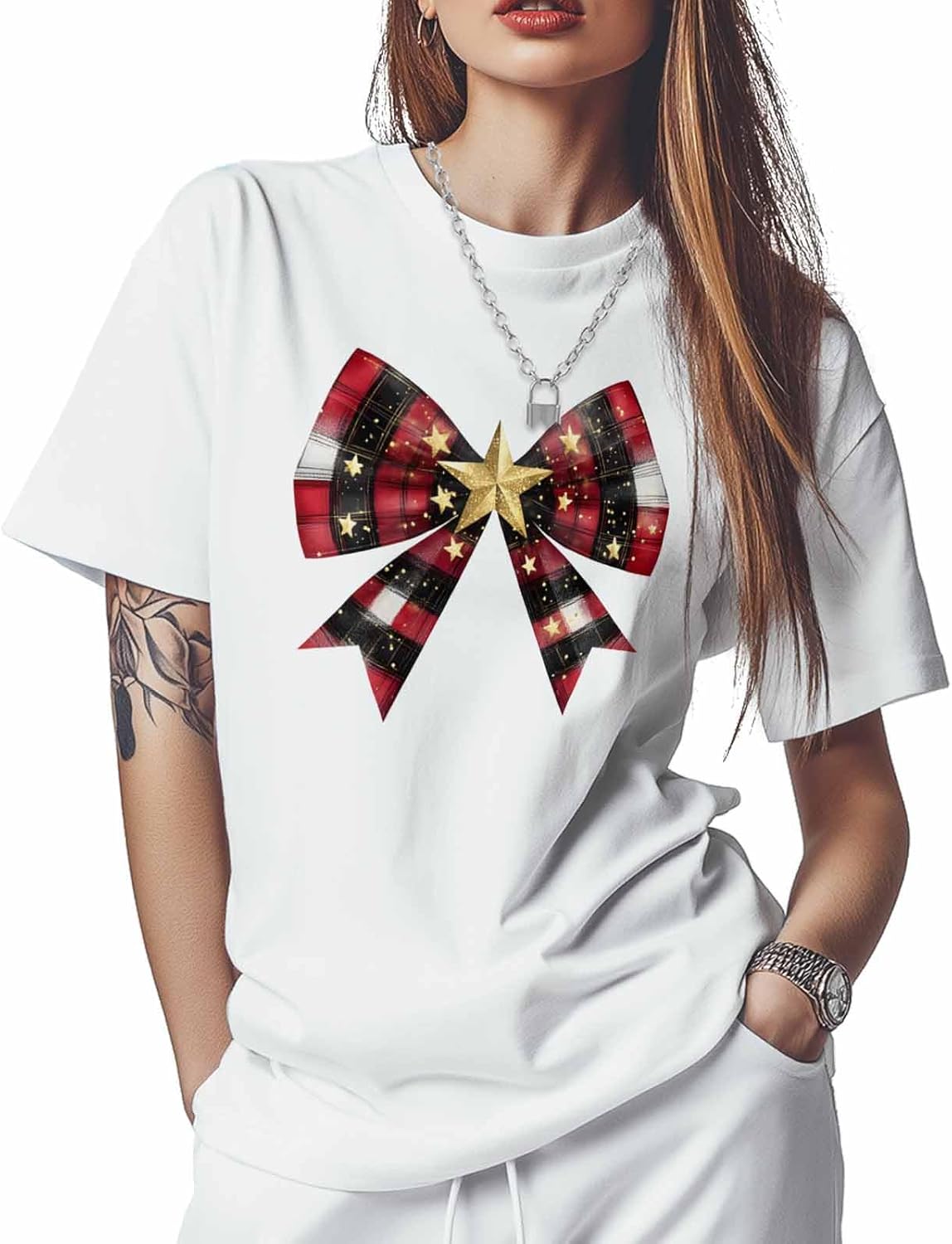

T Shirts for Women Graphic Tees Bow Star Sparkle Crew Neck Short Sleeve Shirts for Women Red Black Plaid Casual T-Shirt S разноцветный