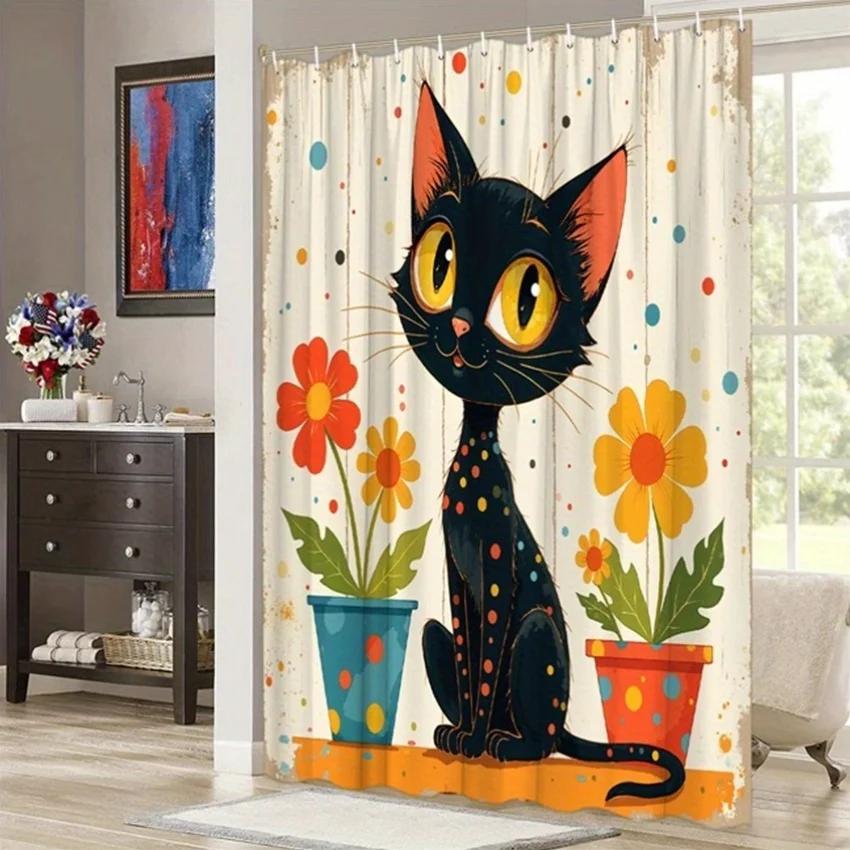 Cute Black Cat with Colorful Flowers Waterproof Shower Curtain - Modern Design for Bathroom Decor, Vibrant and Fun