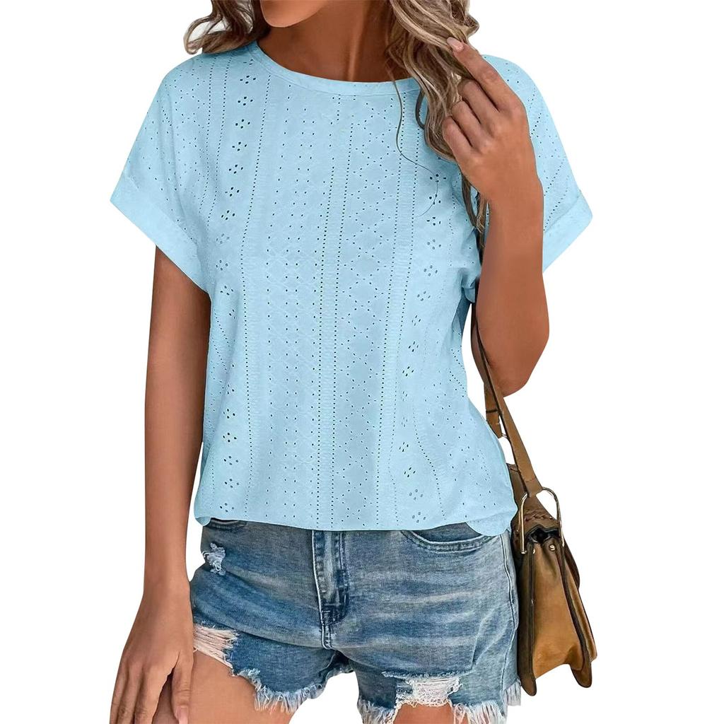 Women's Fashion Solid Color Round Neck Loose Short Sleeved Pullover T-shirt Top
