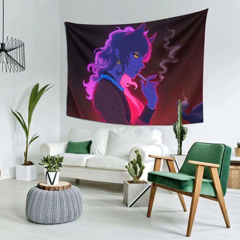 Anime Demon Girl Tapestry  Fantasy Cyberpunk Style Smiling Figure with Smoke Dark Academia Art  for Bedroom or Dorm