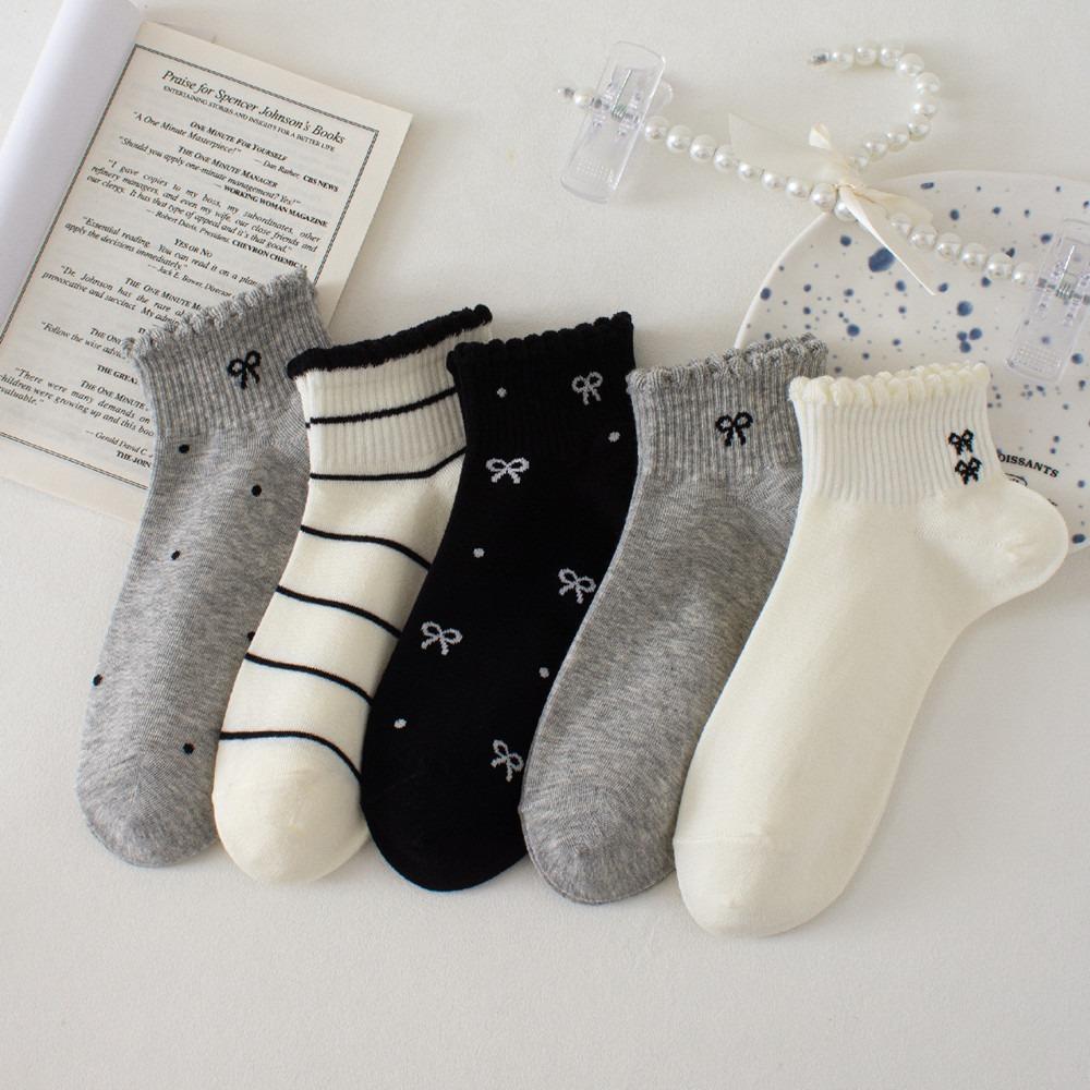 Xiaomi 5 Pairs Women's Lace Ankle Socks, Korean Bow No-Show Socks, Cute Low Cut Socks, Daily Casual Socks