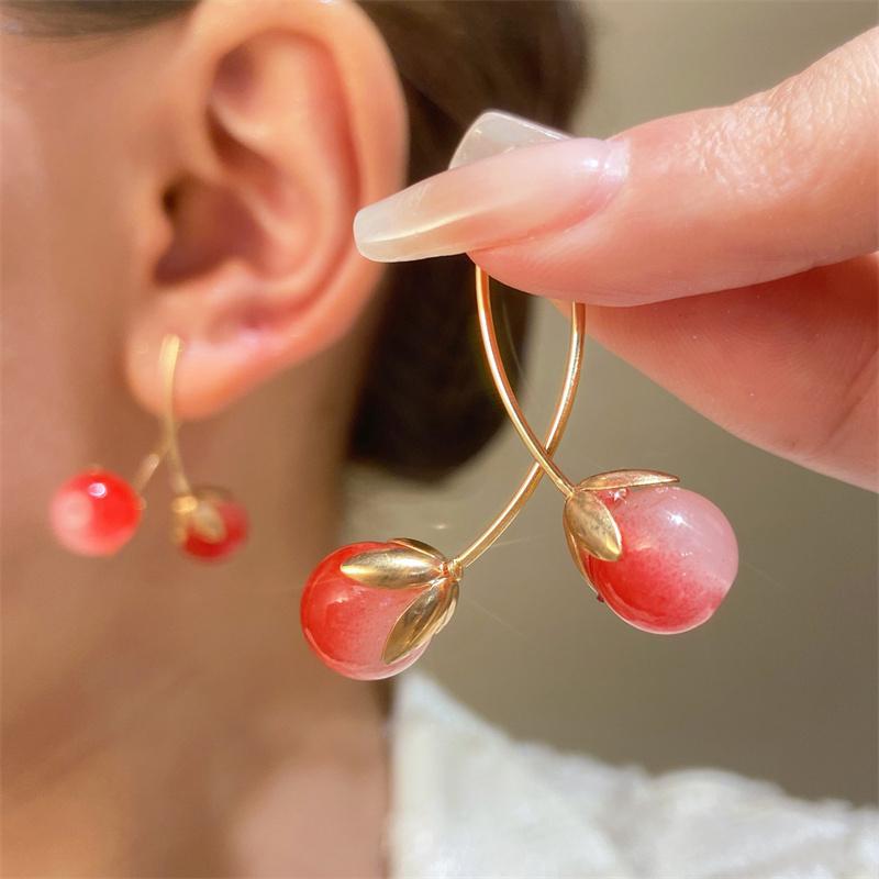 2024 New Sweet Cute Acrylic Cherry Drop Earrings For Women Fruit Earrings Stainless Steel Earring Charm Zircon