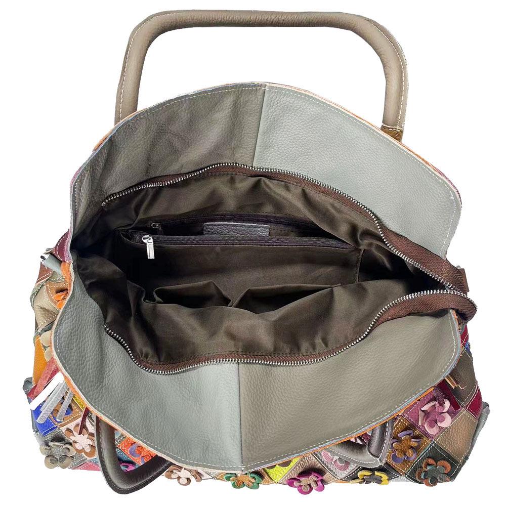 Neue Damenhandtasche aus echtem Leder, groß, Schulter- und Umhängetasche, mit Blumen-Patchwork