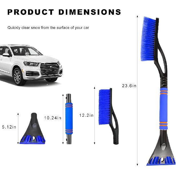 23.6" Snow Brush and Ice Scraper, Extendable Snow Removal Tool with Comfortable Foam Grip, Detachable Ice Brush Scratch-Free Cleaning Tool for Car