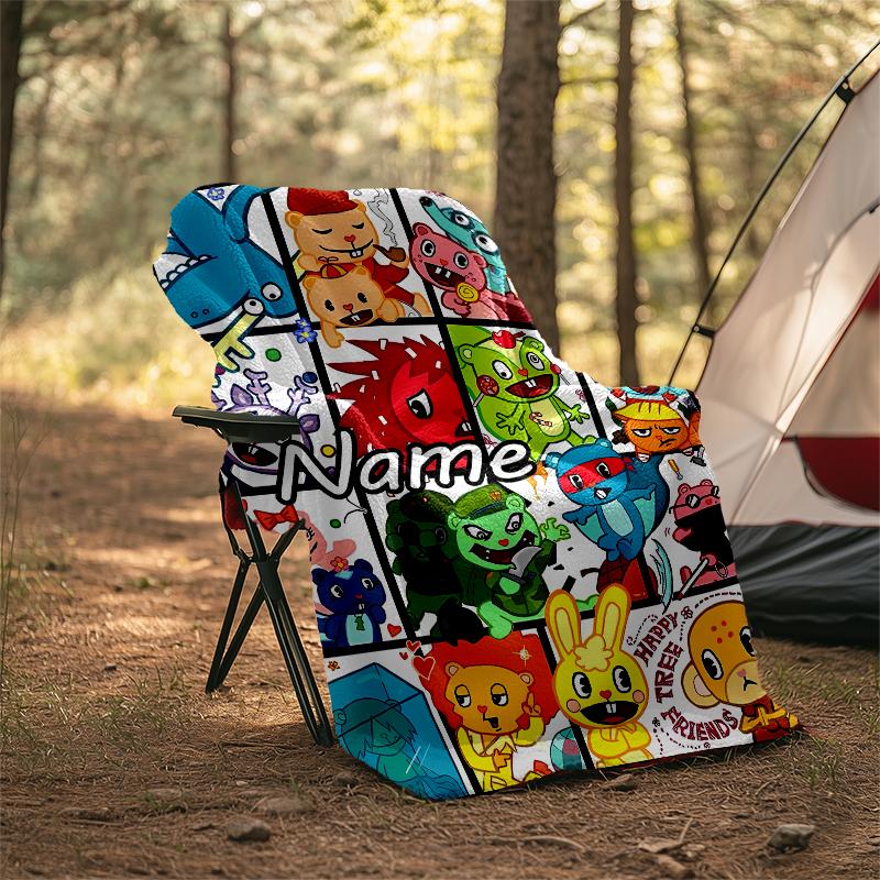 Personalisierte Decke mit individuellem Namen - Happy Tree Friends Druckdesign, Decke für Sofa, Bett, Reisen, Camping - Weich und Warm, Tolles Geschenk