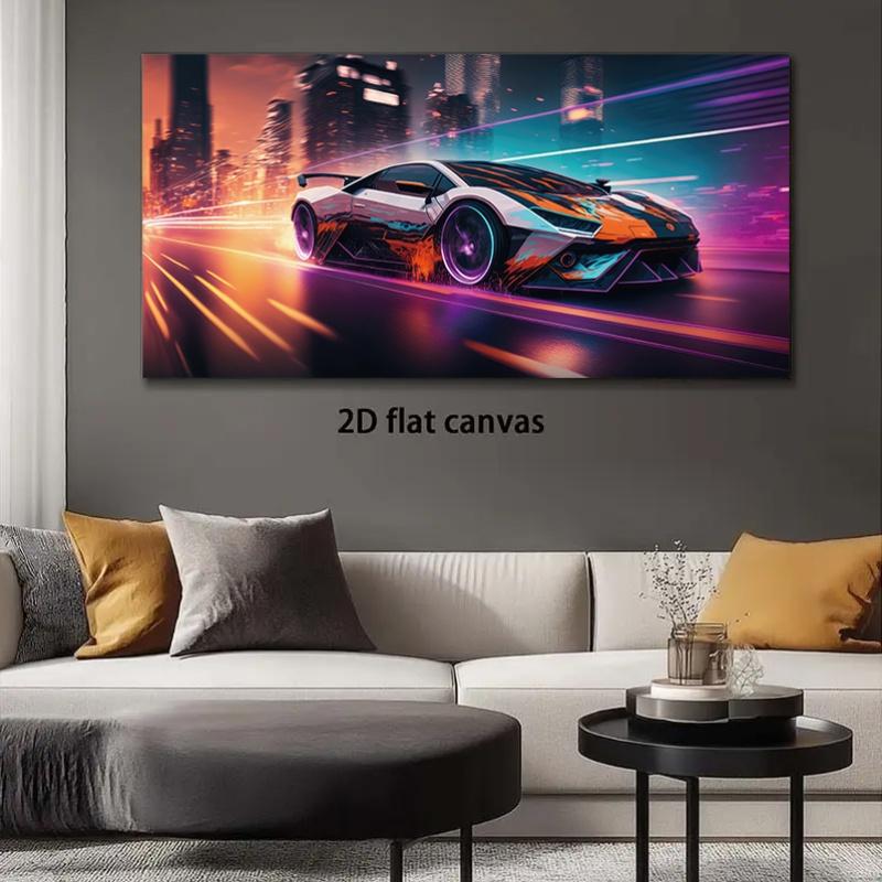 1 piece of cyberpunk style sports car, city night view canvas painting, modern living room decoration painting, high-definition