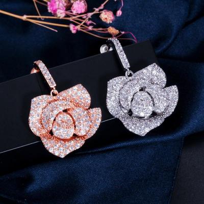 CMM High Quality Cubic Zirconia Rose Flower Drop Earrings for Brides