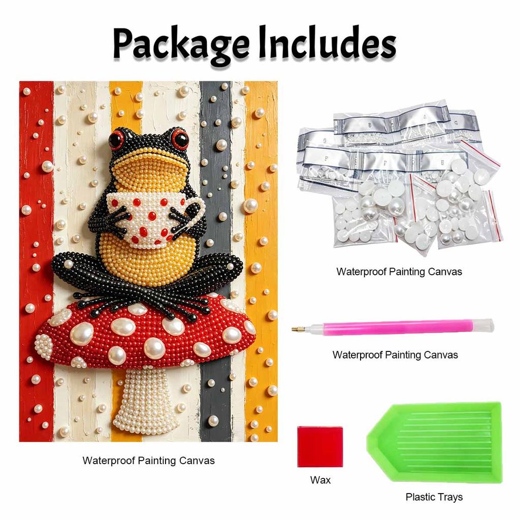 Sparkling Framed Pearl Painting Kit DIY with Cute Frog Drinking Tea 3D Bead Art Canvas Ready To Display Home Wall Decor Gift Idea Set