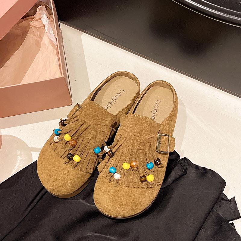 2025 Herbst Französisch Retro Baotou Erhöhte Halbschuhe Damen Ein-Pedal Lazy Weichsohlige Dickbesohlte Fransen-Slipper Damen