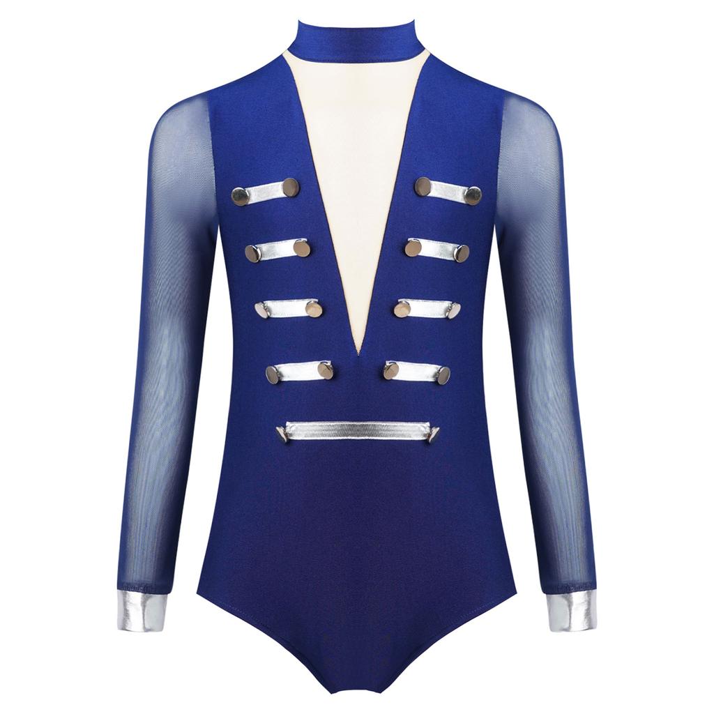 Girls Dance Leotard Sheer Mesh Long Sleeves Mock Neck Keyhole Back Metallic Stripes Buttons Bodysuit Costume
