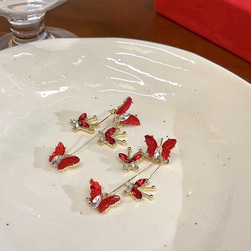 Elegante Sexy Rote Schmetterling Hängeohrringe mit Strasssteinen, Legierung Quaste Lange Ohrringe ohne Plattierung, Modische Ohrnadel