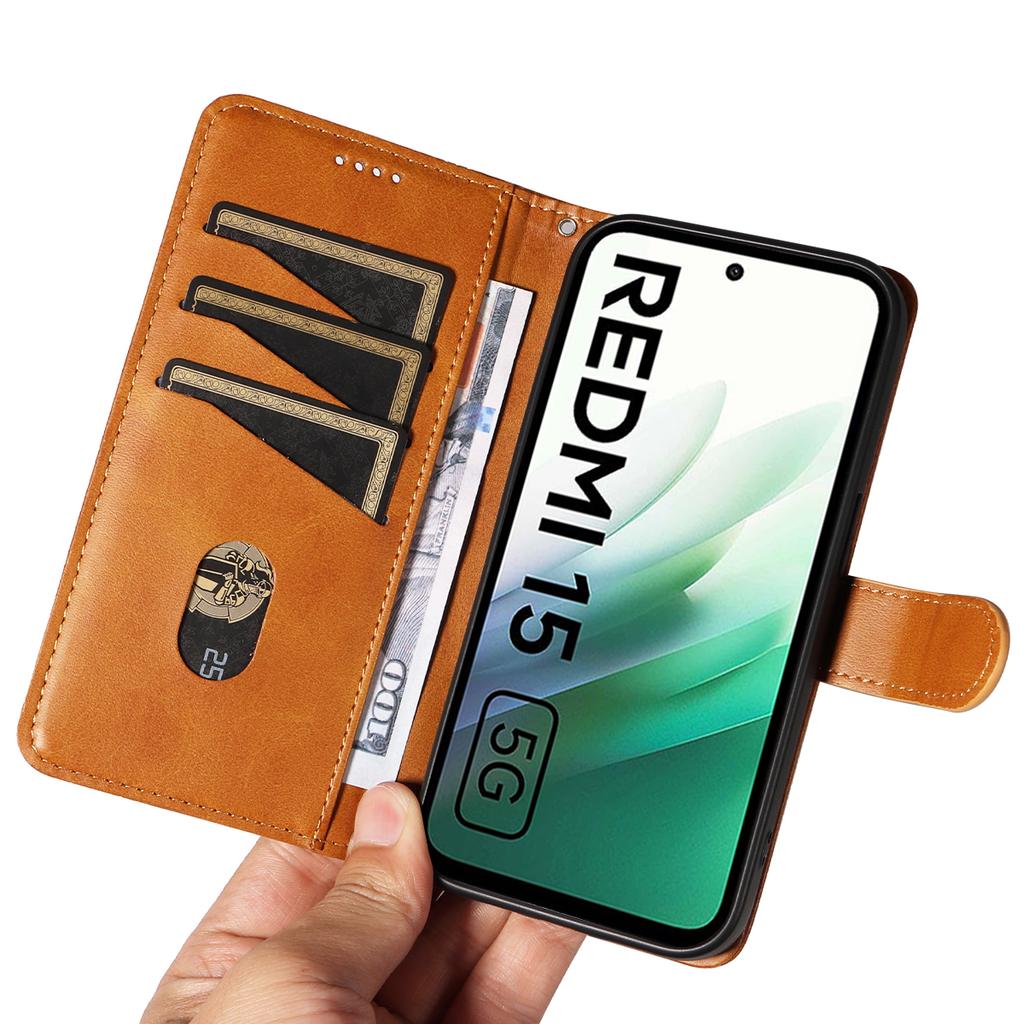 Pro Xiaomi Redmi 15 4G (EU) (171 mm) Peněženkové pouzdro T-tvarované linie Kožený kryt na telefon Stojánek