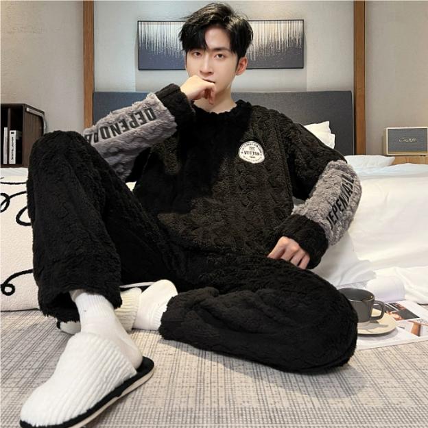 Thickened Coral Fleece Pajamas Men's Winter Warm Home Clothes Two-Piece Set Flannel Autumn Winter Plush Home Suit