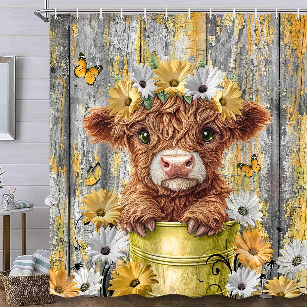 Funny Highland Cow Shower Curtain for Bathroom Decor, Teal Farm Teal Daisy Floral Flowers and Butterfly On Country Wooden