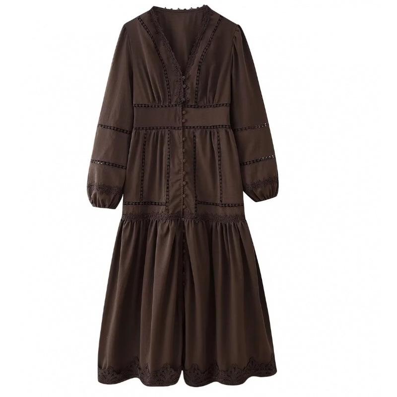 V-neck Patchwork Lace Hollow Out Long Sleeve Waist-Cinching Dress for Women Large