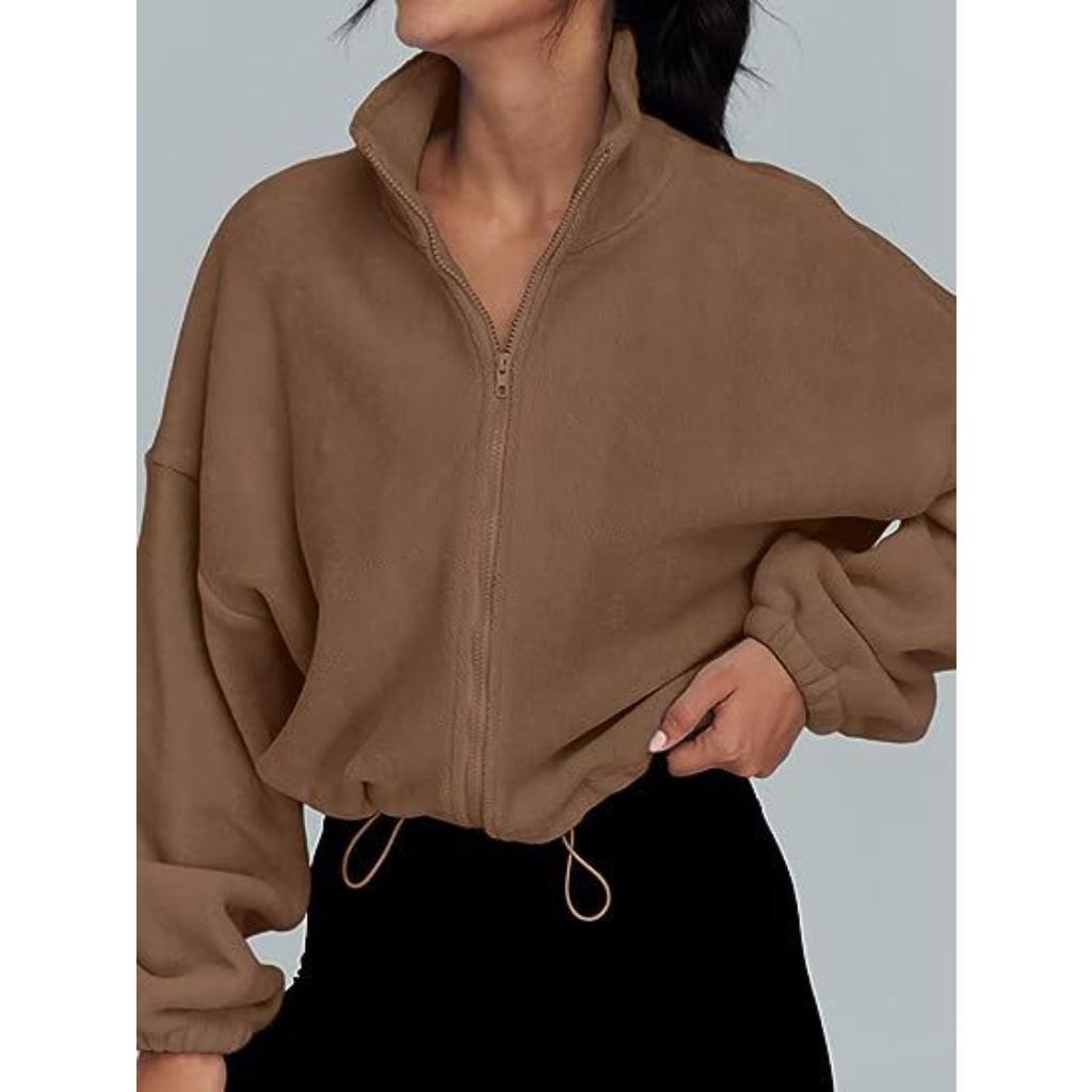Women's Fleece Zip-Up Stand Collar Sports Jacket, Warm Thickened Outerwear for European American, Popular Casual Fashion Coat for Crossborder