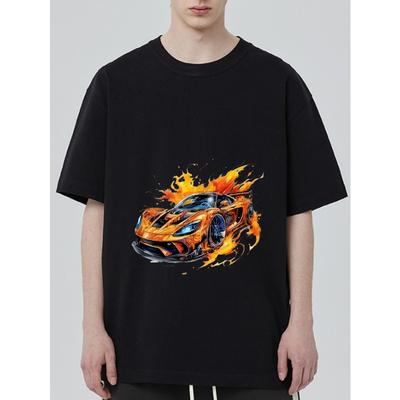 Schwarzes T-Shirt mit Flammen-Rennwagen-Aufdruck für Freizeitkleidung