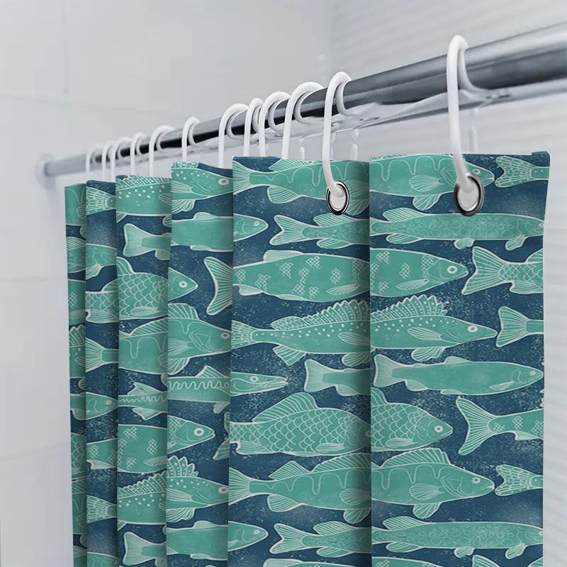 Blue Fish Print Shower Curtain Polyester Fabric Waterproof Bathroom Decor Wall Hanging Home Decor Accessories For Bathtub Enclos