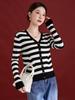 Color Block Striped V-Neck Slimming Knit Women's Cardigan, New Autumn Style, Merino Wool Silk Blend