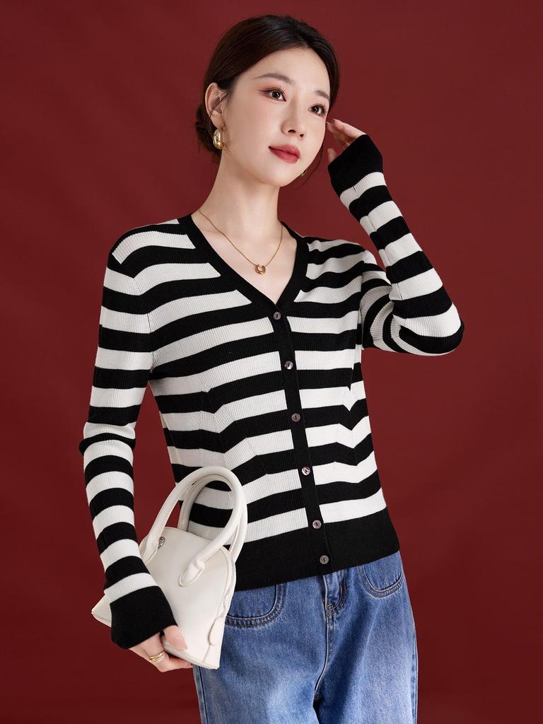 Color Block Striped V-Neck Slimming Knit Women's Cardigan, New Autumn Style, Merino Wool Silk Blend
