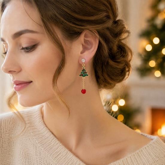 Cute Xmas Theme Earrings 1 Pair Christmas Tree for Women, Colorful Rhinestone Shaped Gold Tone Enamel with Red Bead Charm, Winter Holiday Jewelry