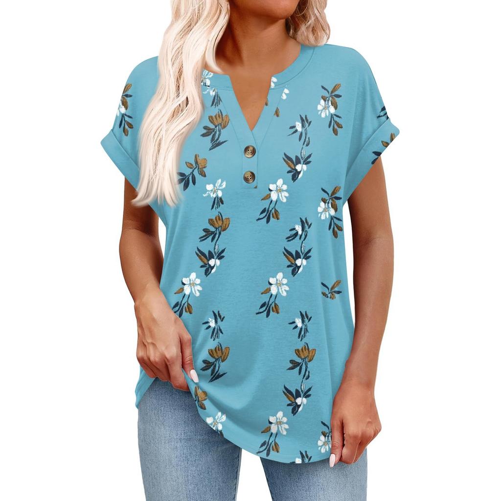 Top Pulôver Feminino Casual da Moda de Manga Curta com Decote em V, Botões e Estampa