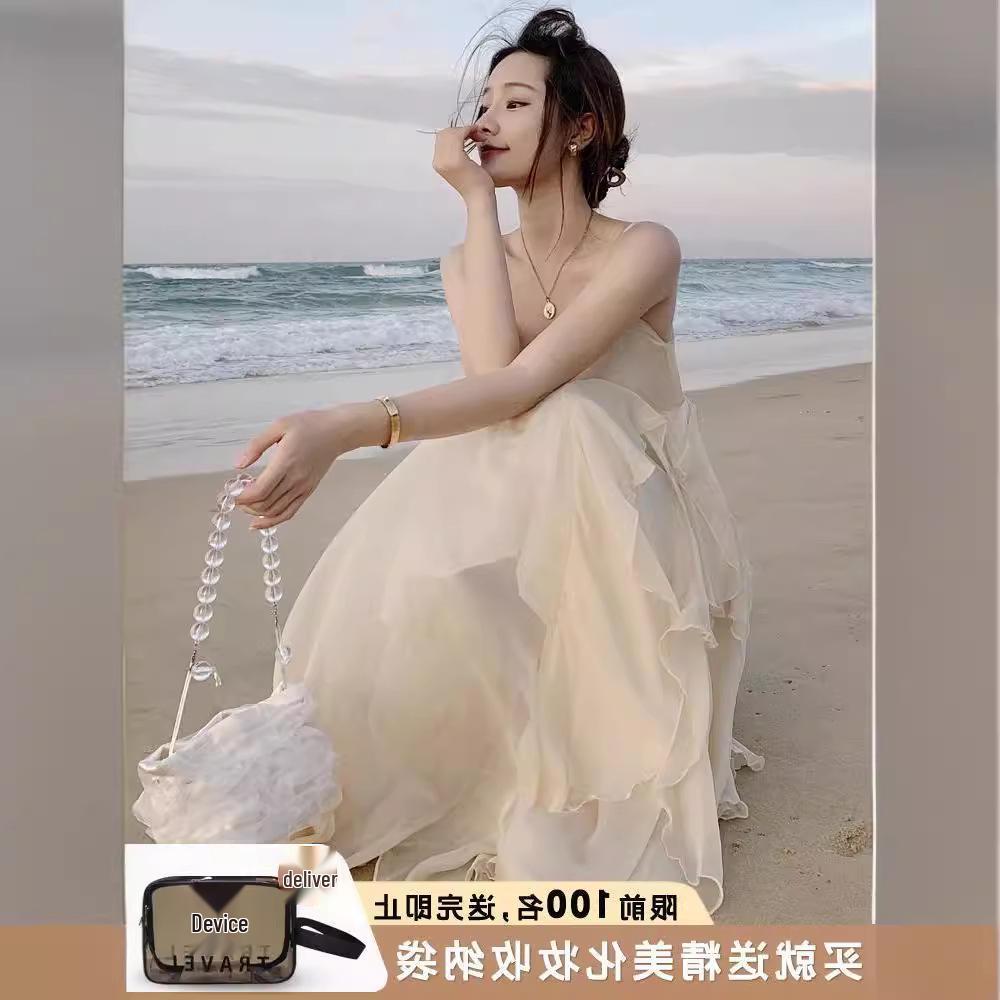 Sanya Women's Fairy Beach Dress - Summer French Strappy Seaside Vacation Long Dress