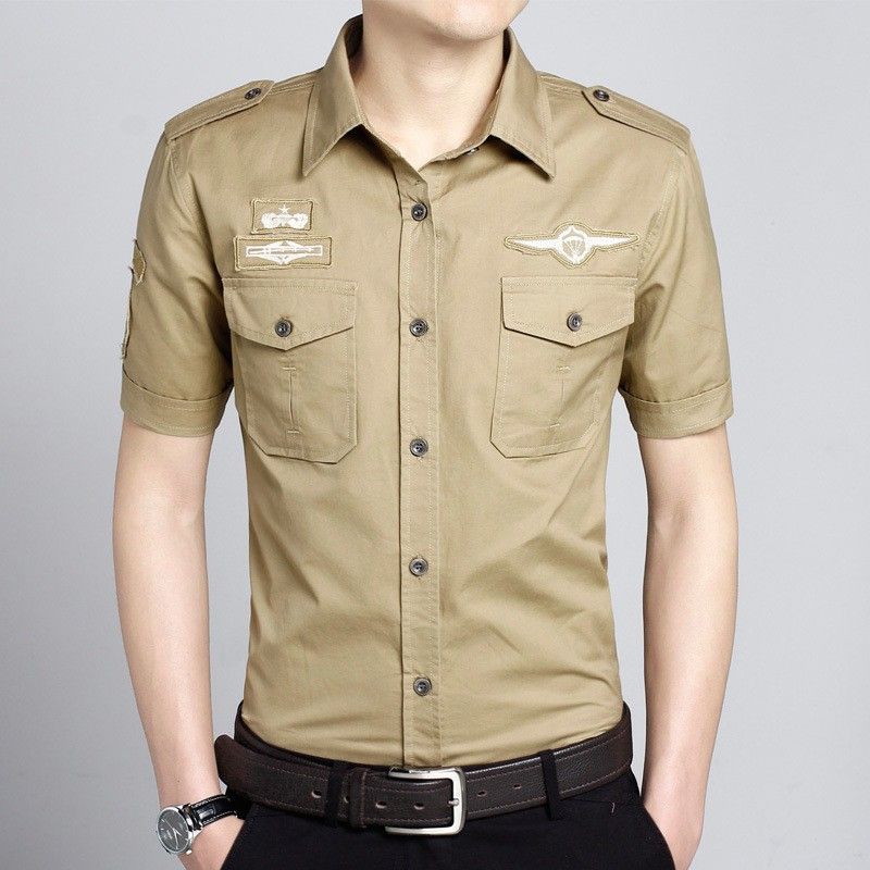 Camicie da uomo alla moda per l'estate in cotone militare larghe e larghe, camicie militari a maniche corte, camicie cargo di grandi dimensioni, abbigliamento maschile