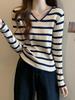 Plus Size V-neck Striped Knitted Sweater - Women's Slimming Long Sleeve Base Layer Top