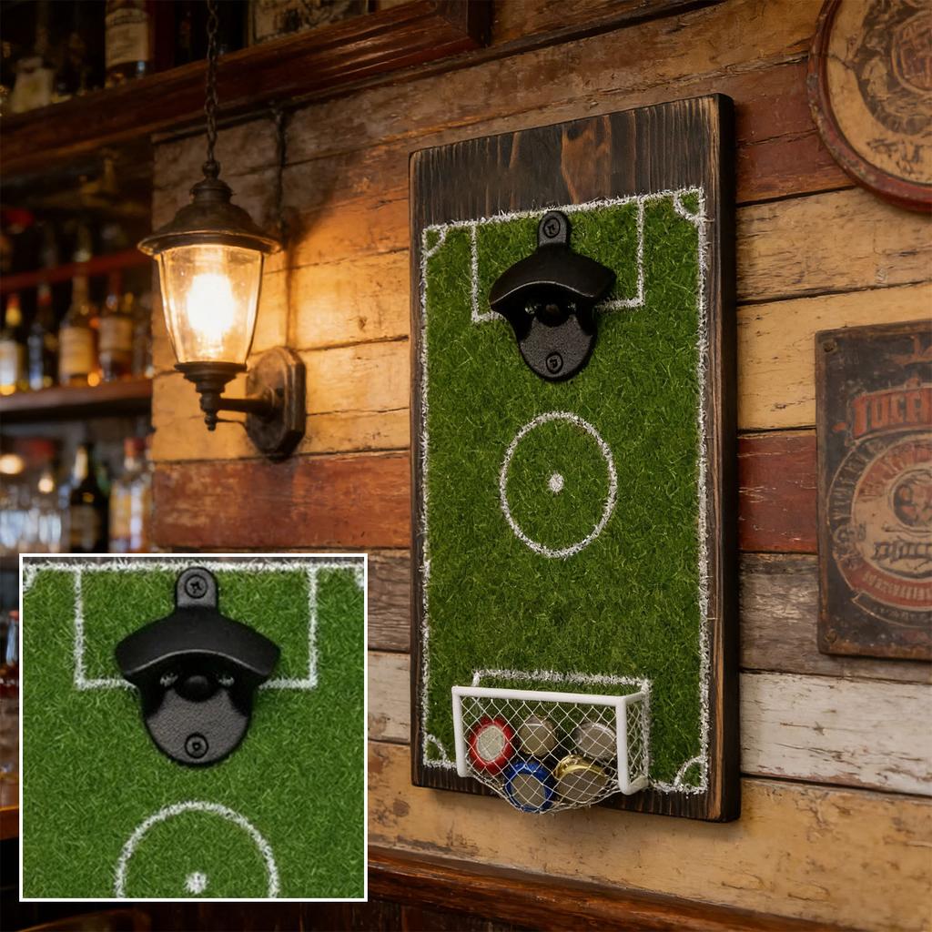 Wall Mounted Bottle Opener with Soccer Field Design Artificial Grass Surface and Metal Cap Catcher for Home Bar Kitchen