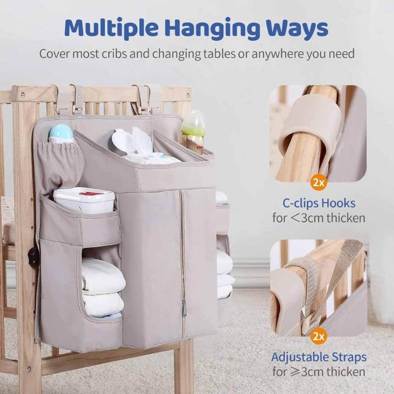 Baby Crib Hanging Organizers 6 Compartments Large Zippered Pocket Durable Fabric Nursery Storage Solution