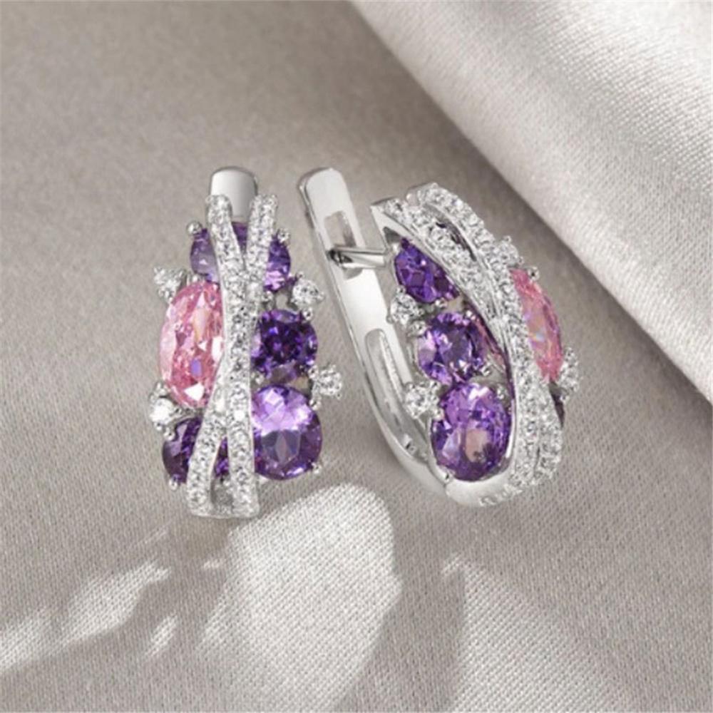 

Charm Female Blue Purple Zircon Stone Hoop Earrings Silver Color Simple Wedding Jewelry For Women
