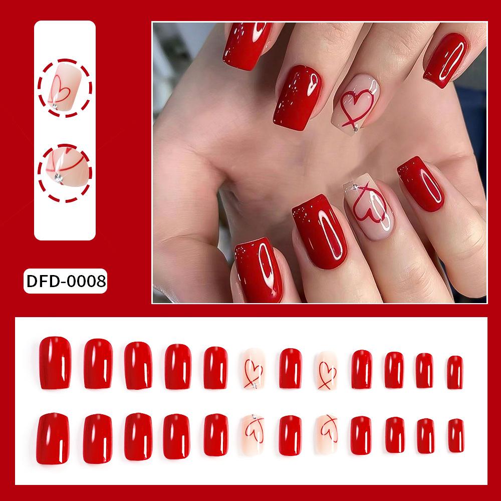 Black Long Coffin Press On Nails Square Tip With Love Heart Print 24Pcs Wearable False Nails For Women Girls Valentine Gift