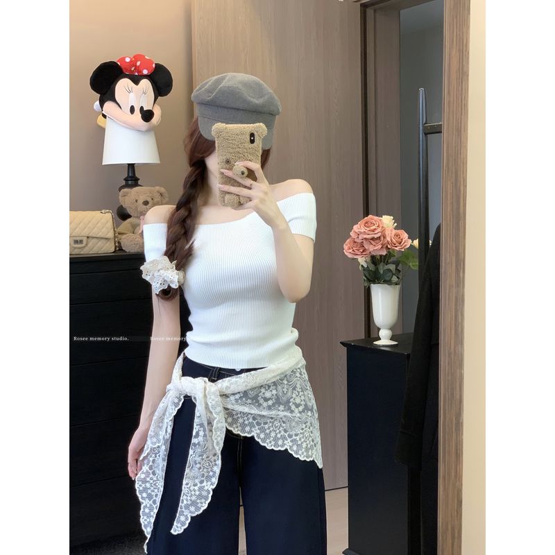 Kumikumi French style Lace Patchwork White Headscarf Women Summer Mesh Waist Towel Fart Curtain Dual-Use Triangular Binder