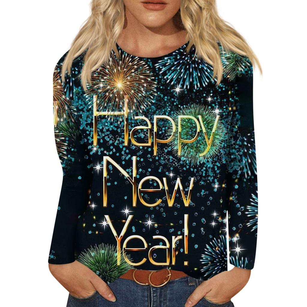 Damen Winter Rundhals Langarm T-Shirt 2024 Neujahr Bedrucktes Oberteil