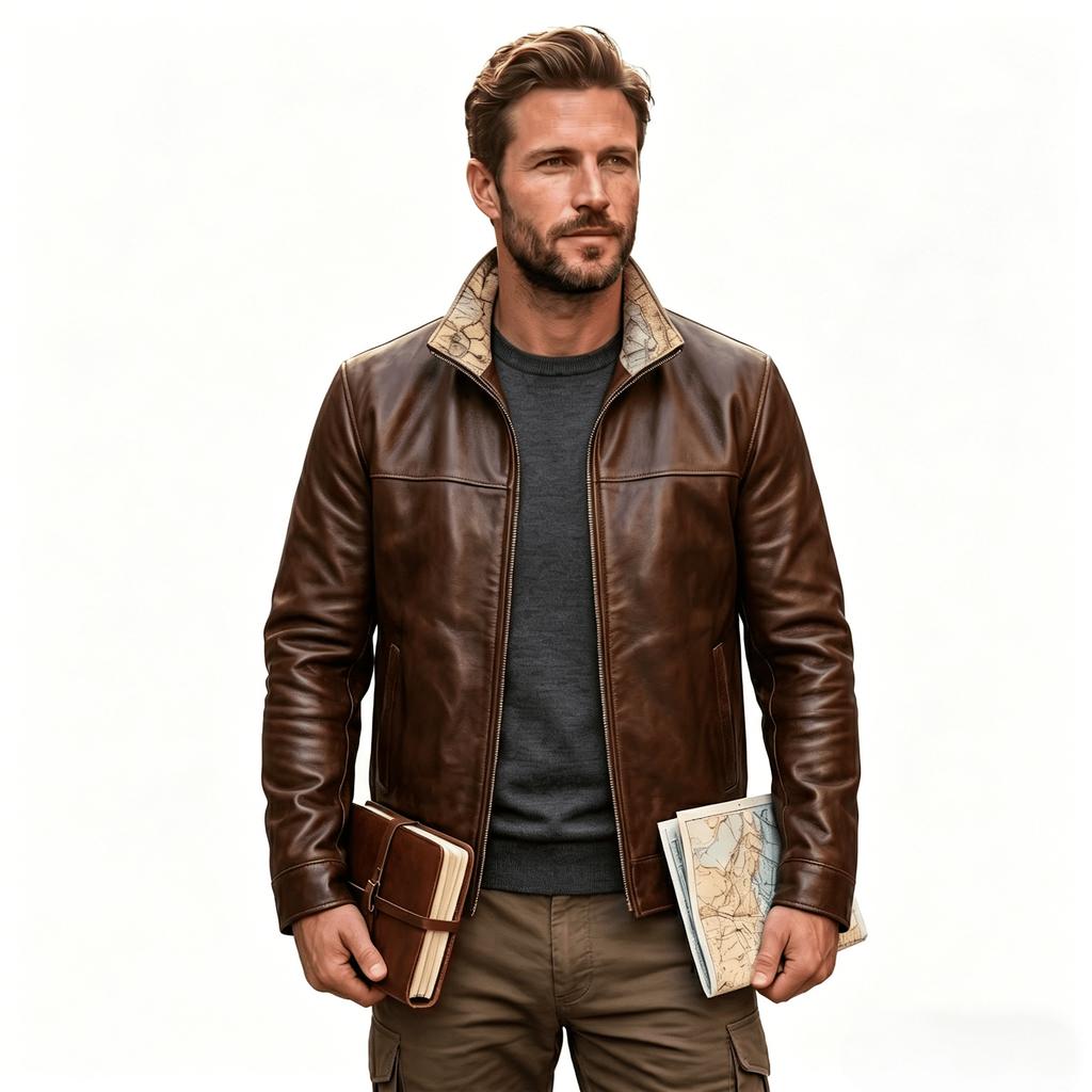 Men's retro map inner stand-up collar jacket zipper casual commuter jacket