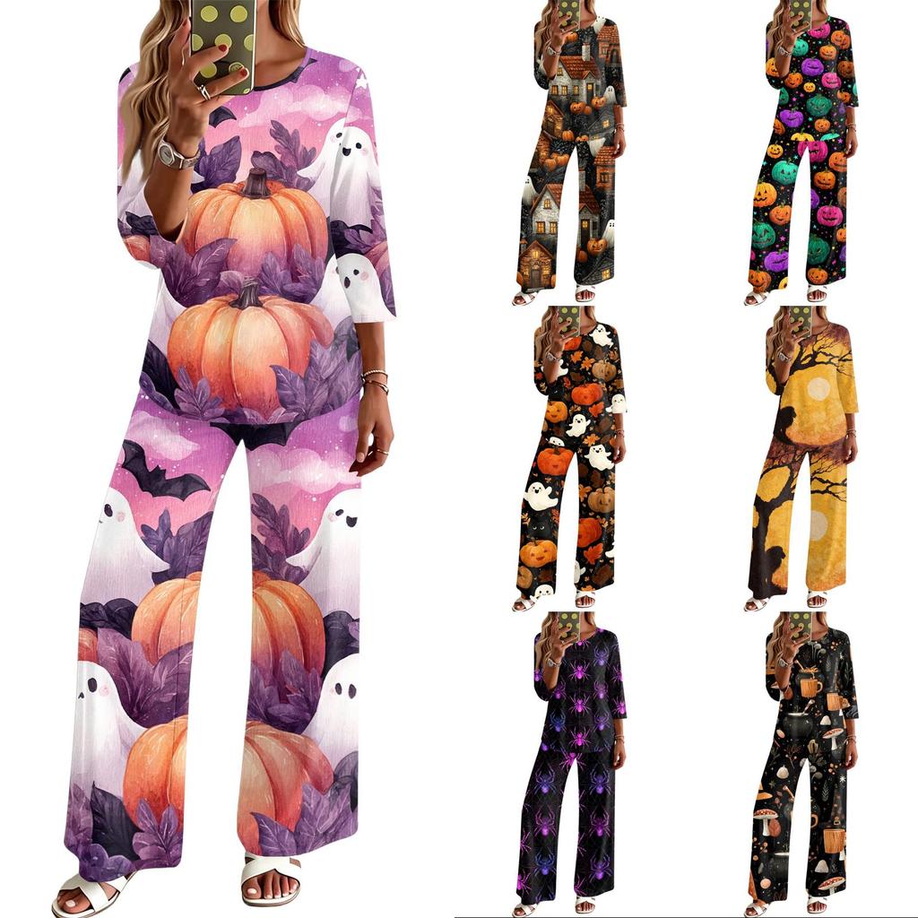 Women's Casual 2 Piece Outfit - Crewneck 3/4 Sleeve Loose Fit Top and Long Pants