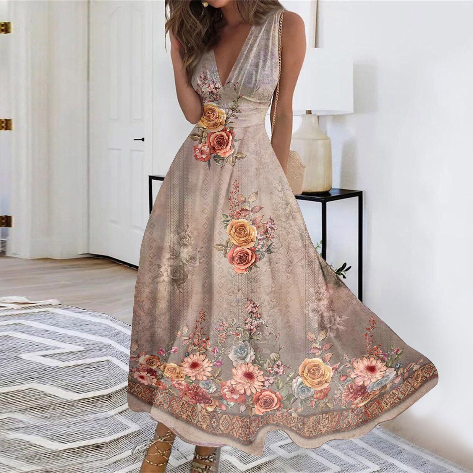 

Женское длинное платье Платье макси Повседневное платье Летнее повседневное платье без рукавов с v-образным вырезом в стиле бохо с талией и цветочным принтом XL хаки