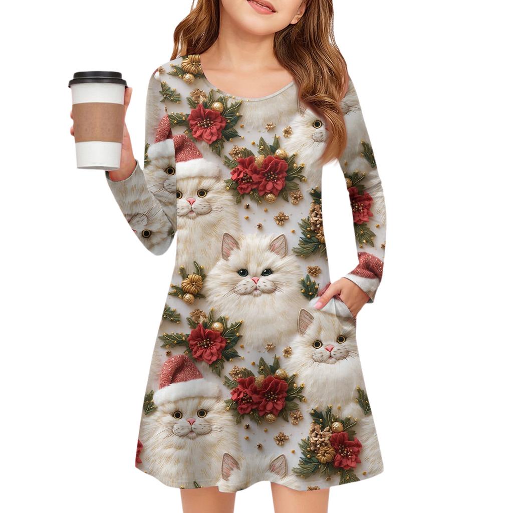 Christmas Day Girls' Long Sleeve Dress - Color Pocket Dress