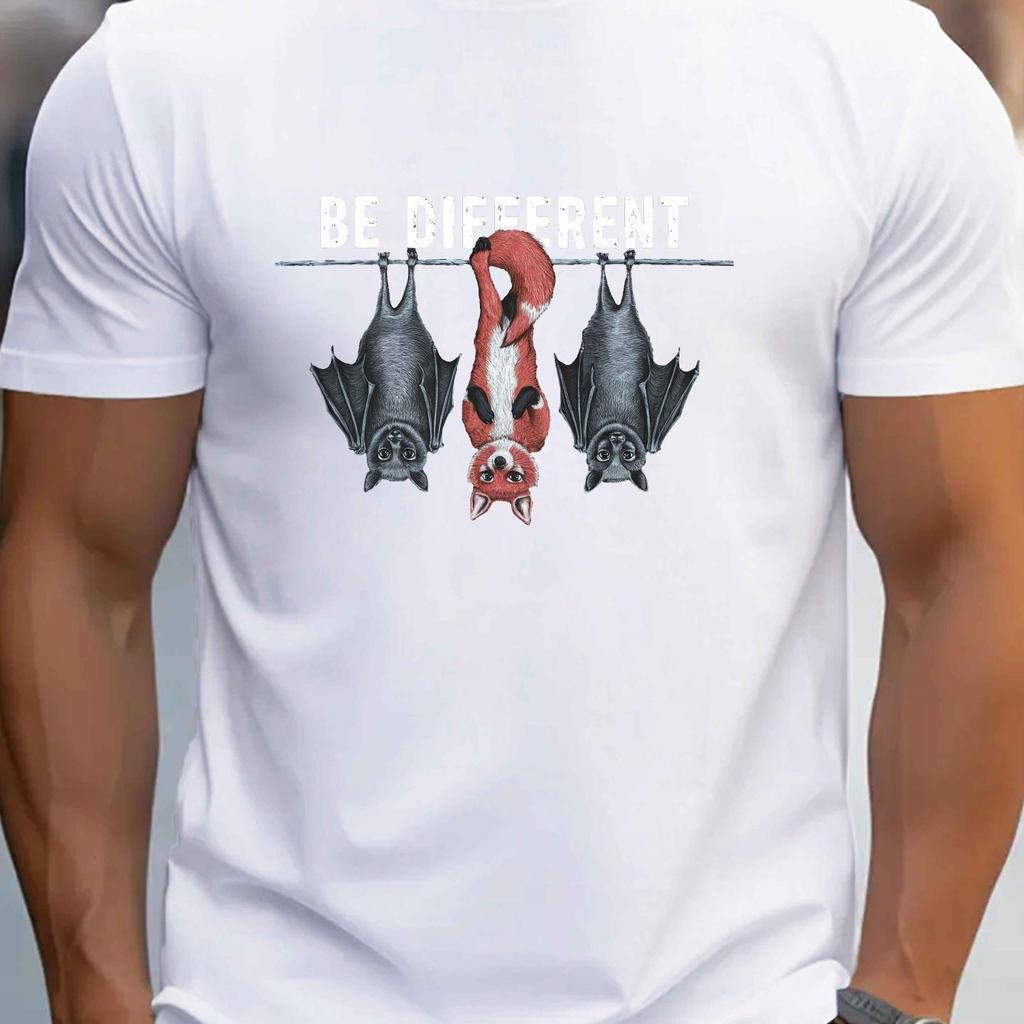 Men's "Be Different" Fox & Bats Graphic Tee - Casual Royalr T-Shirt Short Sleeve Round Neck Comfortable and Soft Breathable Tee