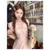 Holiday Style Pink Bow Strap Short-sleeved Dress Women's Summer Gentle Wind Temperament Waist A-word Skirt Long Dress