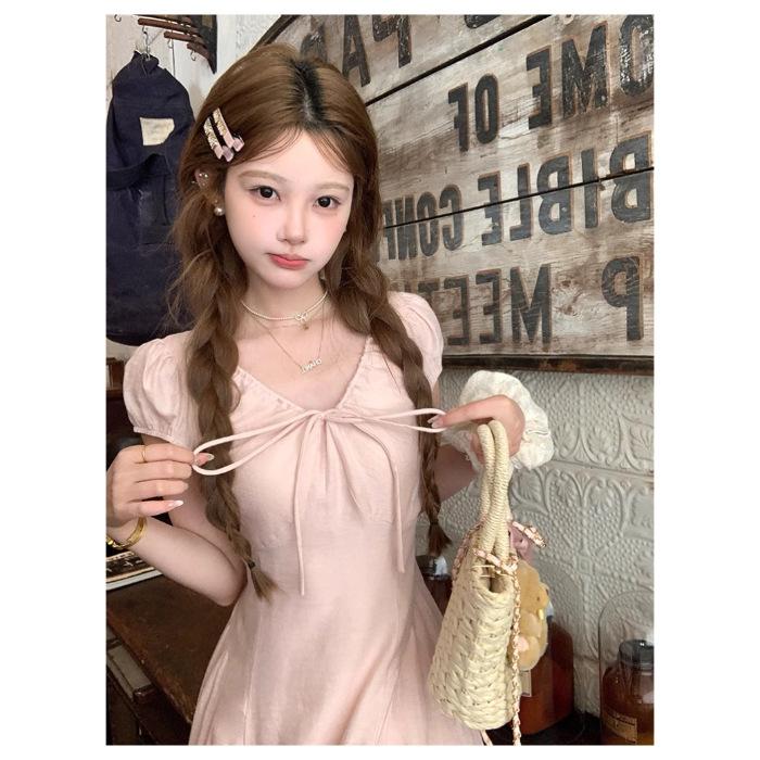 

Real shot - sweet and gentle wind V-neck short-sleeved pink dress women s summer new waist and thin temperament long dress S