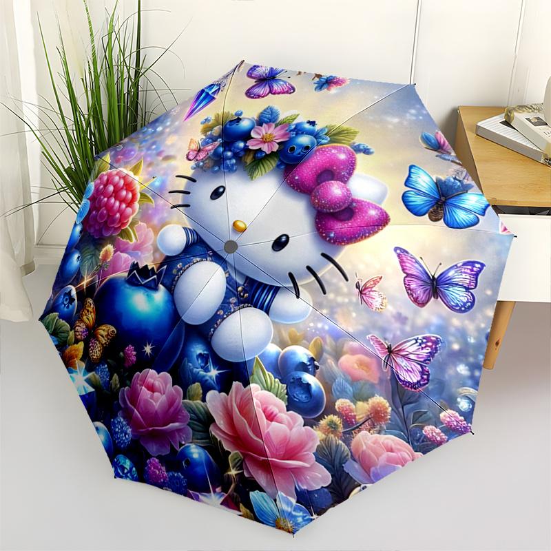 1pc Hello Kitty Fantasy Garden Automatic Folding Umbrella - Portable 3-Fold Design with 8-Bone Iron Frame, Perfect for Outdoor Use, Festive Gifts, Fan
