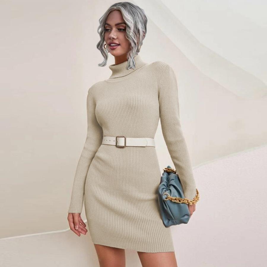 Women's Chunky Knit Long Sleeve High Neck Sweater Dress for Fall/Winter