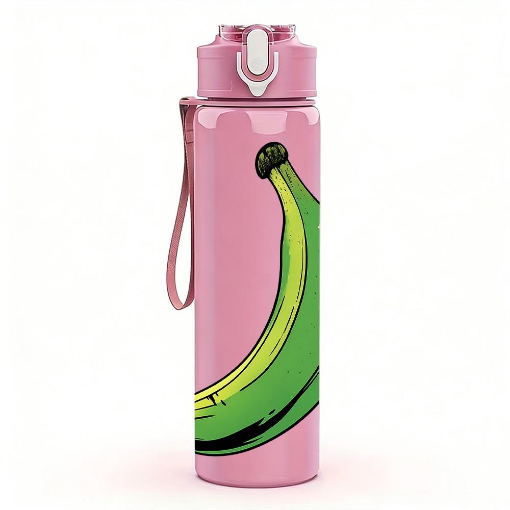 1PC Single Green Banana Fruit Print 750ml Color Plastic Sports Water Bottle Leakproof Flip Straw Lid For Sports Office Home Use
