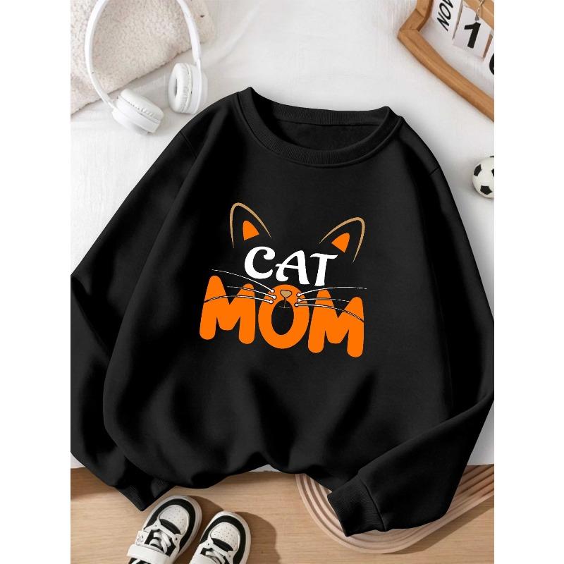 Cat Mother Girls Autumn And Winter Fashion Sweatshirt Creative Christmas Elements Casual Long Sleeve Round Neck, Girl Christmas Gift Print