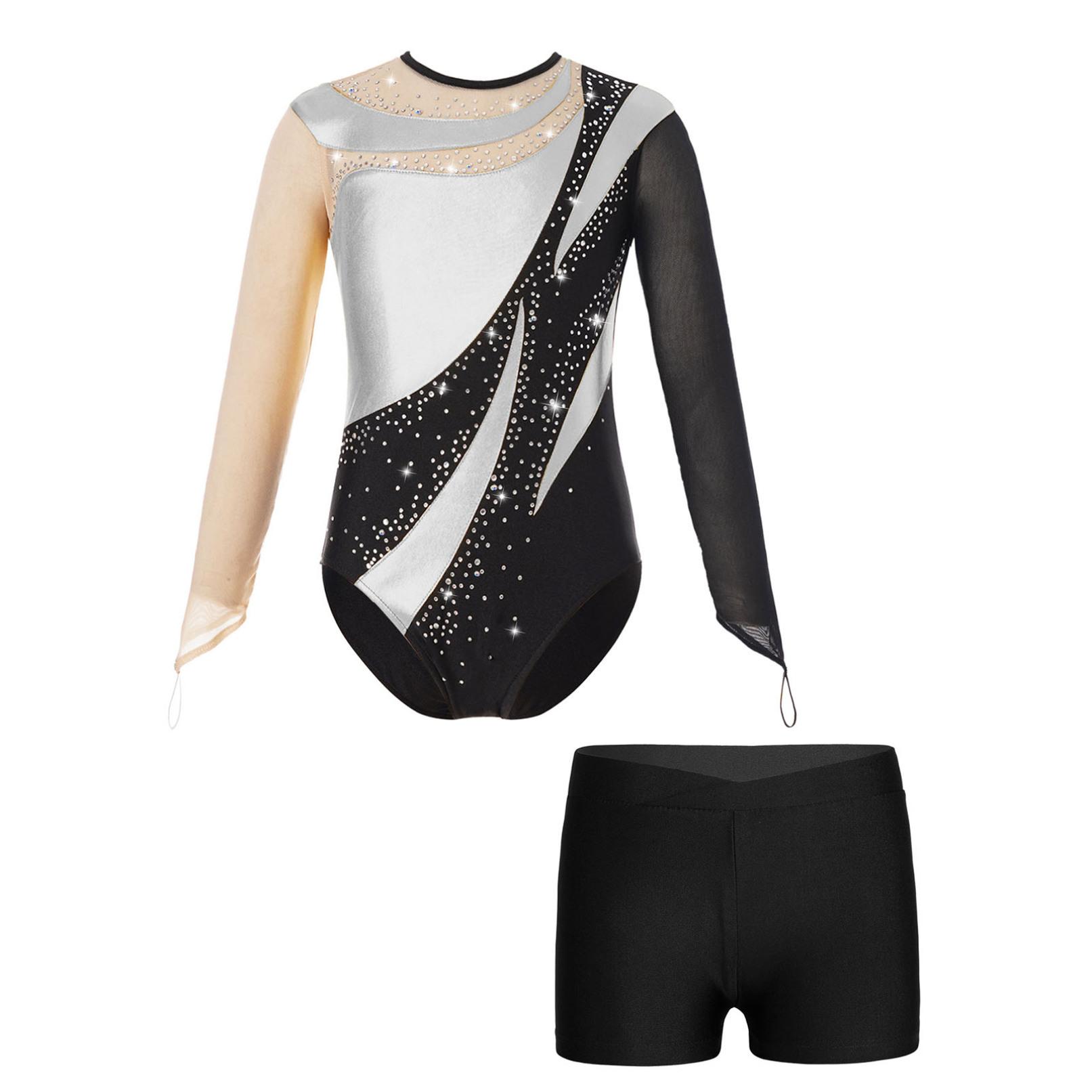 Ranrann Kindermeisjes Gymnastiekpakjes met lange mouwen en keyhole-rugbodysuit Balletdanskleding met shorts Competitie-outfits 9-10 Years zwart/zilver