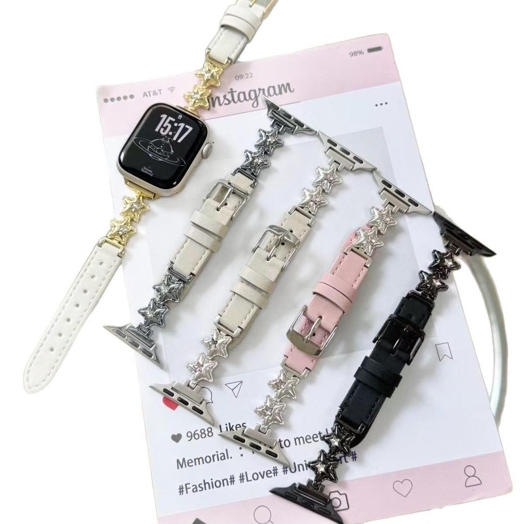 Apple iWatch Serisi 1-11/SE, Huawei GT654 ve Xiaomi 8910 ile Uyumlu Deri Elmas Çivili Saat Kordonu. Kadınlar için ideal.